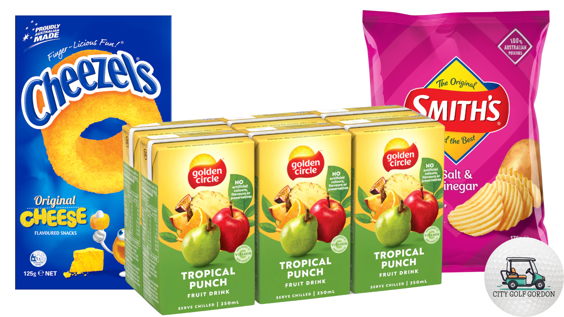 showing packers of various chips and juice boxes